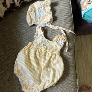 TAHARI Yellow Striped Baby Romper with Bonnet